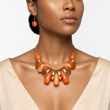 Load image into Gallery viewer, Orange & Gold Resin Teardrop Cord Tribal Necklace