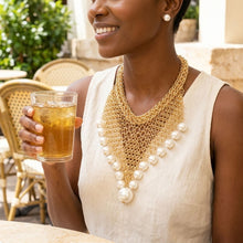 Load image into Gallery viewer, Gold Mesh Pearl Bib Necklace with Chain Fringe