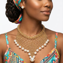 Load image into Gallery viewer, Gold Mesh Pearl Bib Necklace with Chain Fringe