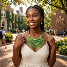 Load image into Gallery viewer, Green Cascading Leaves Beaded Cord Necklace