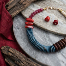 Load image into Gallery viewer, Tribal Asymmetrical Red and Wood Bead Necklace