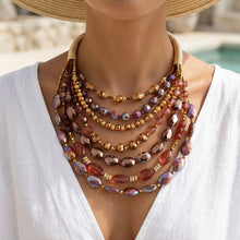 Load image into Gallery viewer, Layered Brown Crystal Beads & Gold Coil Necklace