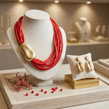 Load image into Gallery viewer, Tribal Coral Red Cube Bead 9 Strand Necklace