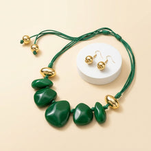 Load image into Gallery viewer, Green Resin Pebble & Cord Bib Collar Necklace Set