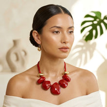Load image into Gallery viewer, Red Resin Pebble & Cord Bib Collar Necklace Set