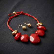 Load image into Gallery viewer, Red Resin Pebble & Cord Bib Collar Necklace Set