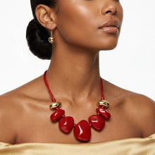Load image into Gallery viewer, Red Resin Pebble & Cord Bib Collar Necklace Set