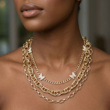 Load image into Gallery viewer, Gold Mixed Chain Stone Butterfly 3 Layer Necklace