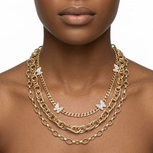Load image into Gallery viewer, Gold Mixed Chain Stone Butterfly 3 Layer Necklace