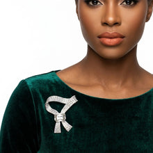 Load image into Gallery viewer, Silver and Clear Glass Crystal Woven Ribbon Brooch