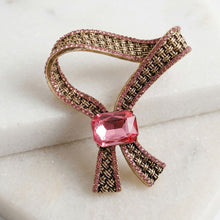 Load image into Gallery viewer, Antique Gold Pink Crystal Woven Ribbon Brooch