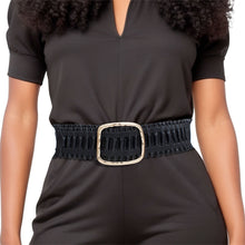 Load image into Gallery viewer, Wide black ruffled stretch belt with a gold-tone buckle styled over a black dress