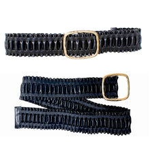 Load image into Gallery viewer, Front and open views of a wide black ruffled stretch belt with a gold-tone buckle on a white background