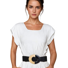 Load image into Gallery viewer, Wide black stretch belt with a gold-tone and black oval buckle worn over a white dress