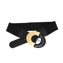 Load image into Gallery viewer, Wide black stretch belt with a gold-tone and glossy black oval buckle on a white background