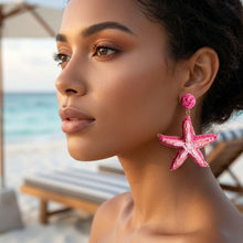 Load image into Gallery viewer, Layered Fuchsia Pink Raffia Starfish Drop Earrings