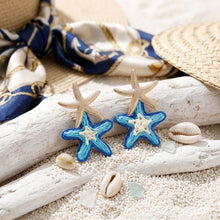 Load image into Gallery viewer, Layered Blue Raffia Starfish Drop Earrings