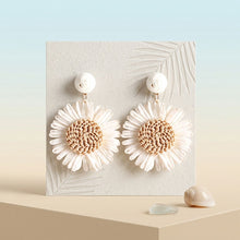 Load image into Gallery viewer, Looped Ivory Straw Raffia Sunflower Drop Earrings