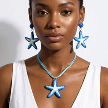 Load image into Gallery viewer, Aqua Blue Starfish Raffia Pendant Necklace Set