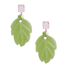 Load image into Gallery viewer, AKA Green and Pink Tropical Leaf Drop Earrings