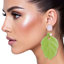 Load image into Gallery viewer, AKA Green and Pink Tropical Leaf Drop Earrings