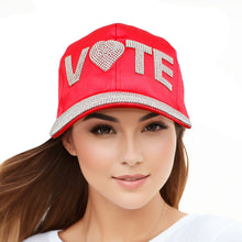 Load image into Gallery viewer, Hat Red Satin VOTE Rhinestone Baseball Cap Women
