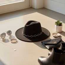 Load image into Gallery viewer, Black Fedora Hat with Black Silver Quatrefoil Band