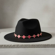 Load image into Gallery viewer, Black Fedora Hat with Pink Gold Quatrefoil Band