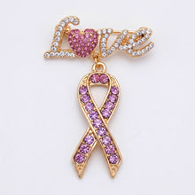 Load image into Gallery viewer, Gold Breast Cancer Love Pink Ribbon Dangle Brooch