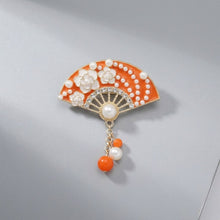 Load image into Gallery viewer, Brooch Orange and Gold Hanfu Fan Style Pin