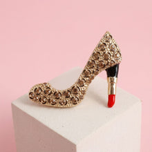Load image into Gallery viewer, Gold & Brown Leopard High Heel Lipstick Brooch