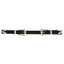 Load image into Gallery viewer, Black rhinestone Western belt with two gold-tone buckles and matching metal tips on a white background