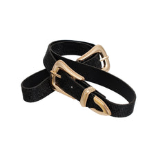 Load image into Gallery viewer, Black rhinestone double buckle belt loosely coiled to show gold-tone buckles, loops, and pointed metal tips