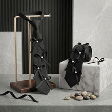 Load image into Gallery viewer, Black Pearl Ribbon Bow Necktie Necklace