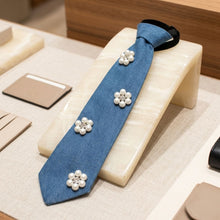 Load image into Gallery viewer, Blue Denim Cream Pearl Flower Necktie Necklace