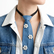Load image into Gallery viewer, Blue Denim Cream Pearl Flower Necktie Necklace