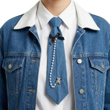 Load image into Gallery viewer, Blue Denim Pearl Teddy Bear Necktie Necklace
