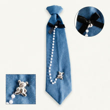 Load image into Gallery viewer, Blue Denim Pearl Teddy Bear Necktie Necklace