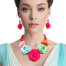 Load image into Gallery viewer, Collar Pink Chunky 3D Flower Link Necklace Set