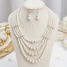 Load image into Gallery viewer, 4 Strand Cream Glass Pearl Rhinestone Necklace