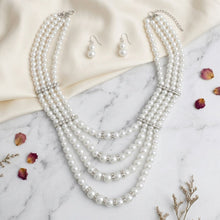 Load image into Gallery viewer, 4 Strand White Glass Pearl Rhinestone Necklace