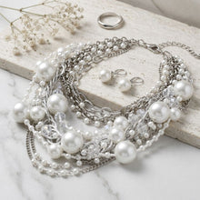 Load image into Gallery viewer, White Pearl 13 Strand Layered Silver Chain Necklace