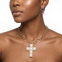 Load image into Gallery viewer, Cream Pearl Cross Pendant Gold Chain Necklace