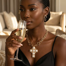 Load image into Gallery viewer, Cream Pearl Cross Pendant Gold Chain Necklace