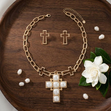 Load image into Gallery viewer, Cream Pearl Cross Pendant Gold Chain Necklace