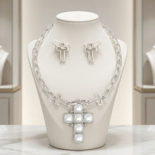 Load image into Gallery viewer, White Pearl Cross Pendant Silver Chain Necklace