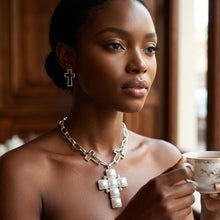 Load image into Gallery viewer, White Pearl Cross Pendant Silver Chain Necklace