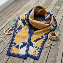 Load image into Gallery viewer, Navy Mustard Nautical Anchor Silky Skinny Scarf