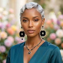 Load image into Gallery viewer, Black and Gold Crystal Medallion Drop Earrings
