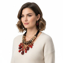 Load image into Gallery viewer, Beaded Red Stone Global Artisan Leather Necklace